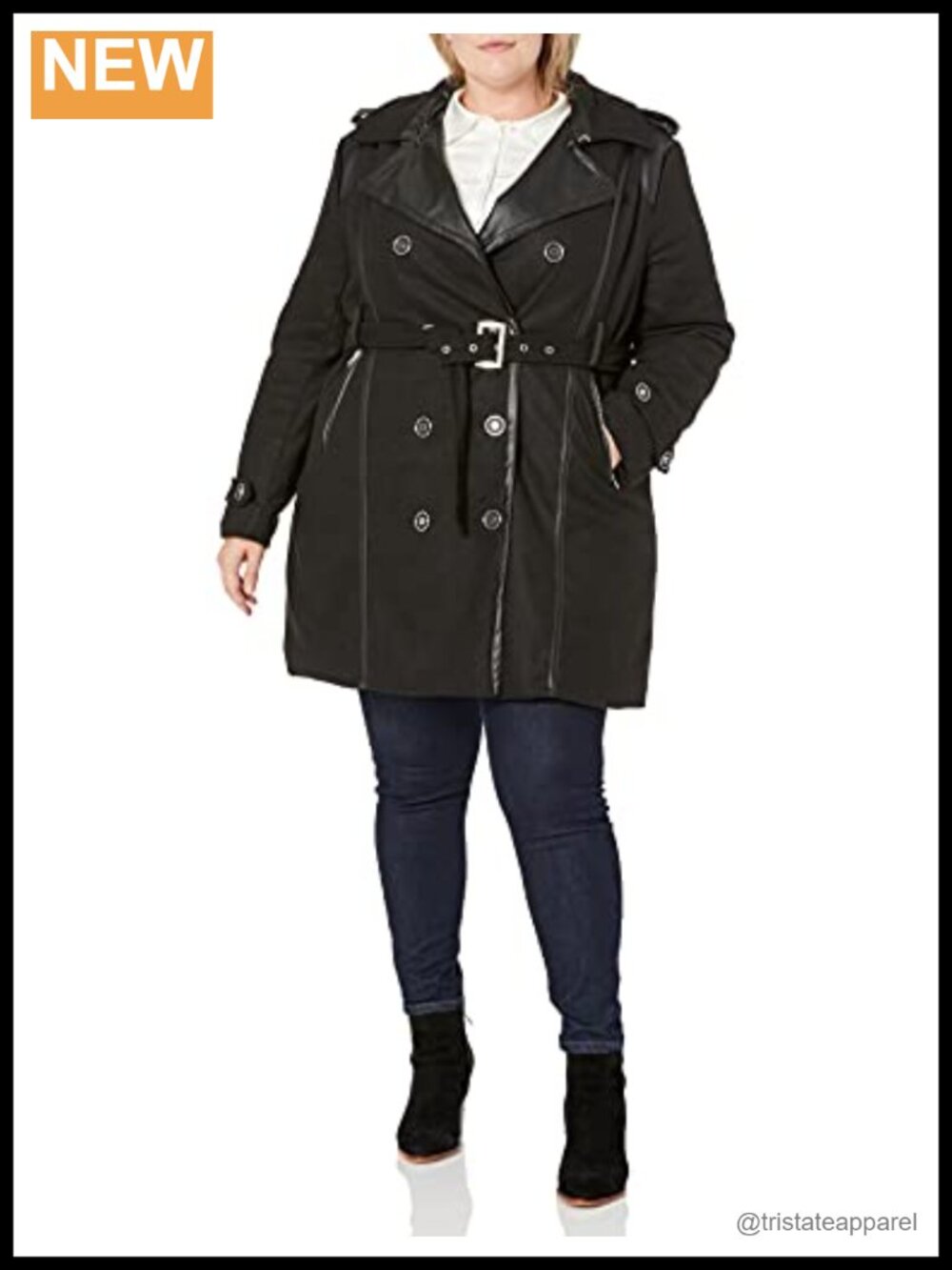 Women's Double Breasted Pea Coat Faux Leather Trim Long Sleeve